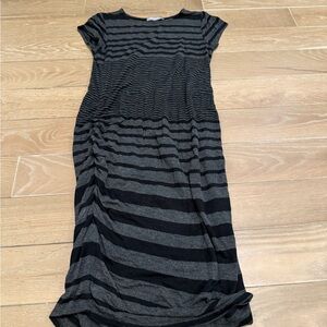 Striped Short-Sleeve Maternity Midi Dress in Black and Gray
